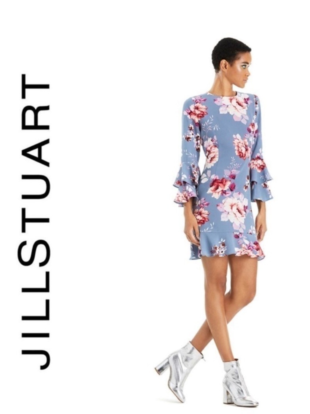 Jill Stuart Floral Bell-Sleeve Ruffled Dress Size Large NWT